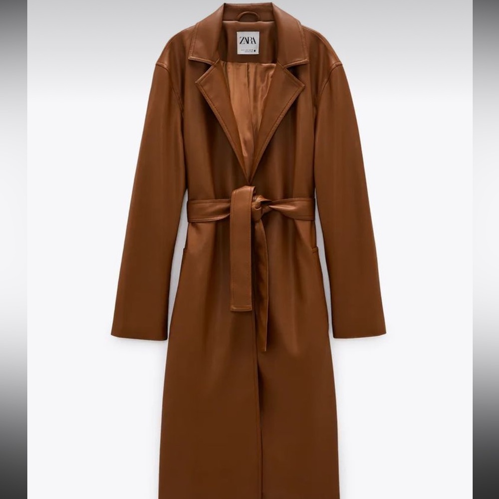 Zara Women Faux Leather Trench Coat Camel